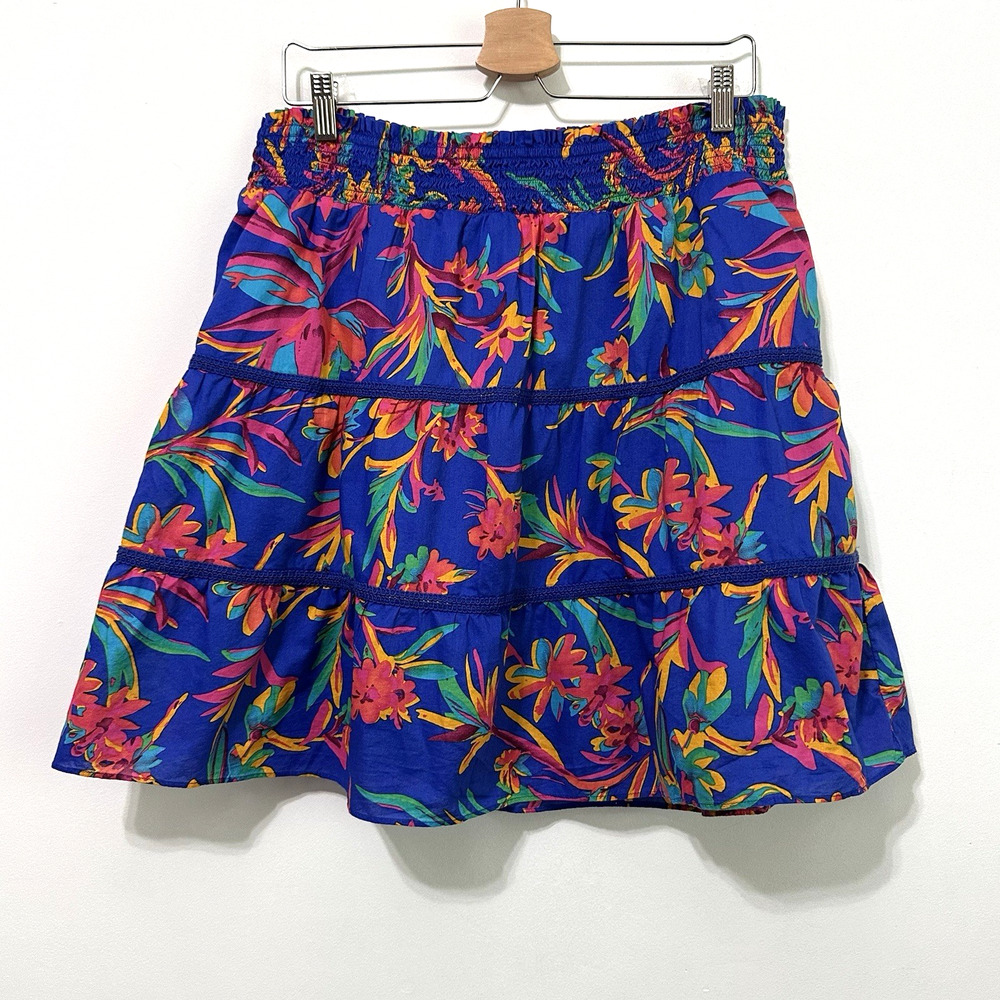 J Crew Smocked Tiered Mini Skirt XL Floral Summer Party Pull On Lined Vacation‎